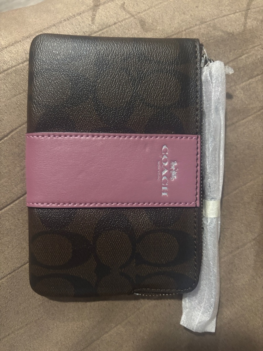 Coach Brown Signature Wristlet with Azalea Leather Accent